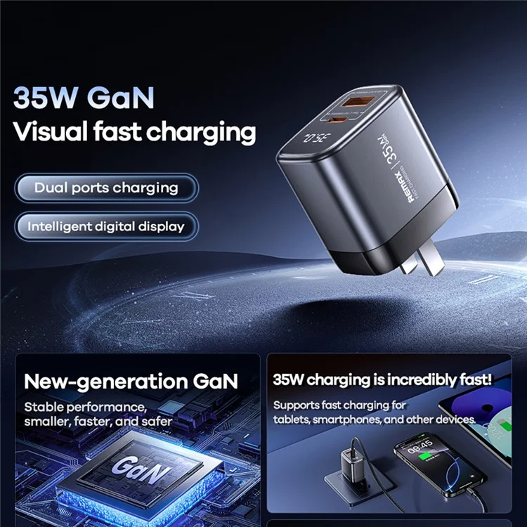 Adaptateur secteur rapide REMAX U2-AC35W GaN à affichage numérique 35W avec port Type-C / Adaptateur double port USB-A 30W - Prise EU
