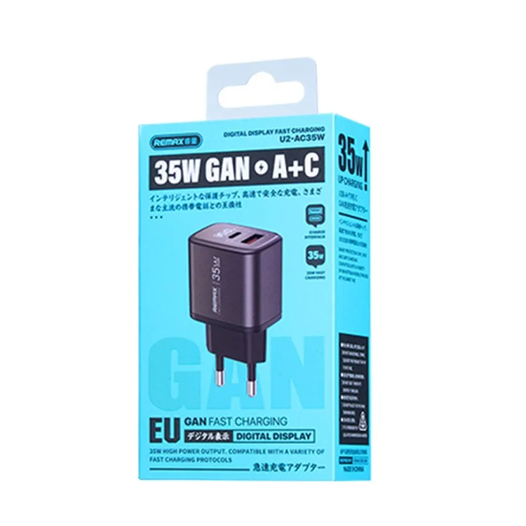 Adaptateur secteur rapide REMAX U2-AC35W GaN à affichage numérique 35W avec port Type-C / Adaptateur double port USB-A 30W - Prise EU