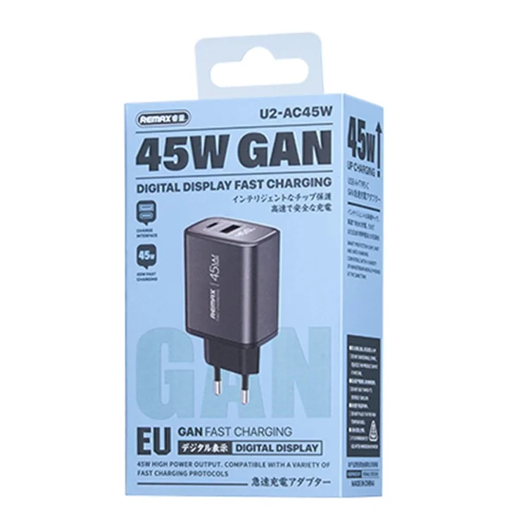 Carregador Remax U2-AC45W GaN com display digital, carregamento rápido, adaptador 45W Type-C 30W USB-A, plugue UE