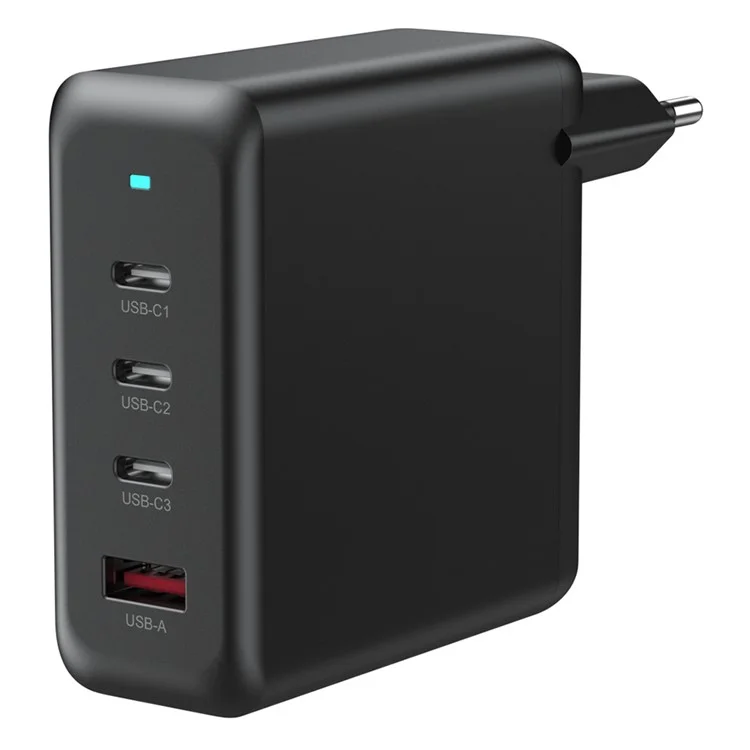 Быстрое зарядное устройство с 3 портами Type-C и 1 портом USB-A мощностью 100 Вт, адаптер с технологией GaN, черный цвет / Европейская вилка