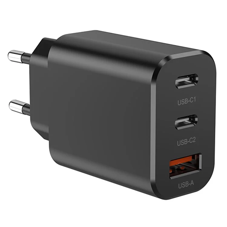 Chargeur GAN 30W PD avec 2 ports Type-C et 1 port USB-A pour une charge rapide des téléphones - Noir / Prise UE
