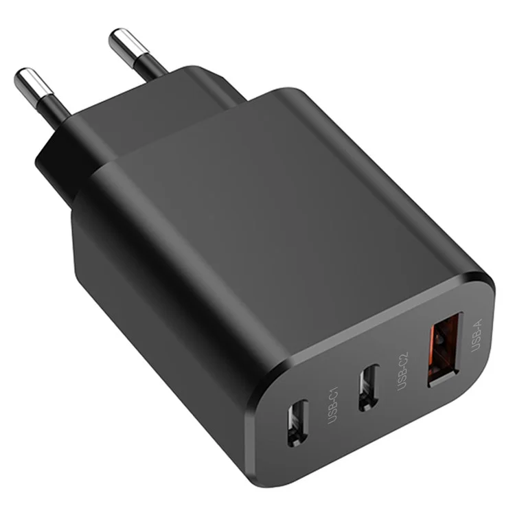 Chargeur GAN 30W PD avec 2 ports Type-C et 1 port USB-A pour une charge rapide des téléphones - Noir / Prise UE