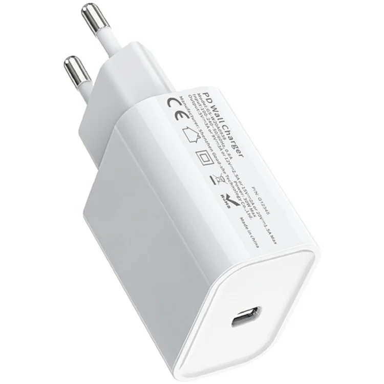 Оптовая покупка зарядного устройства PD 20 Вт с одним портом USB-C, быстрая зарядка, адаптер питания - Белый / Вилка для ЕС