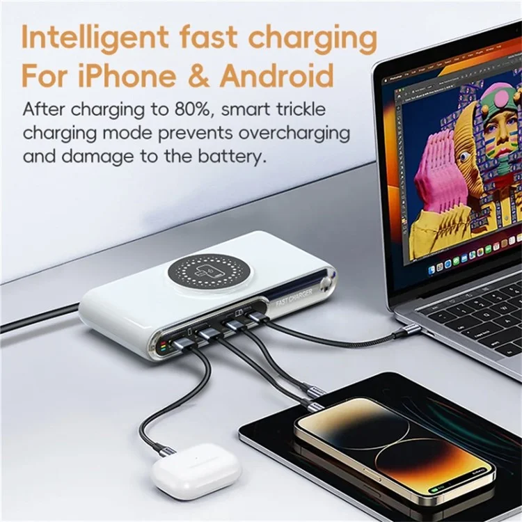 Chargeur sans fil multifonction intelligent 72W F9A 6 en 1 avec 2 ports USB + 2 ports Type C et lumière ambiante LED - Prise US