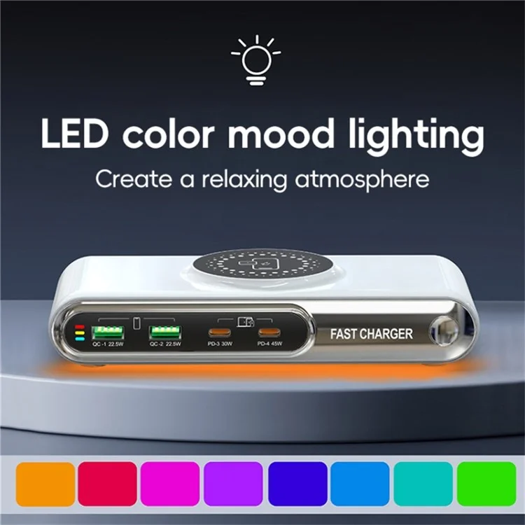 Chargeur sans fil multifonction intelligent 72W F9A 6 en 1 avec 2 ports USB + 2 ports Type C et lumière ambiante LED - Prise US