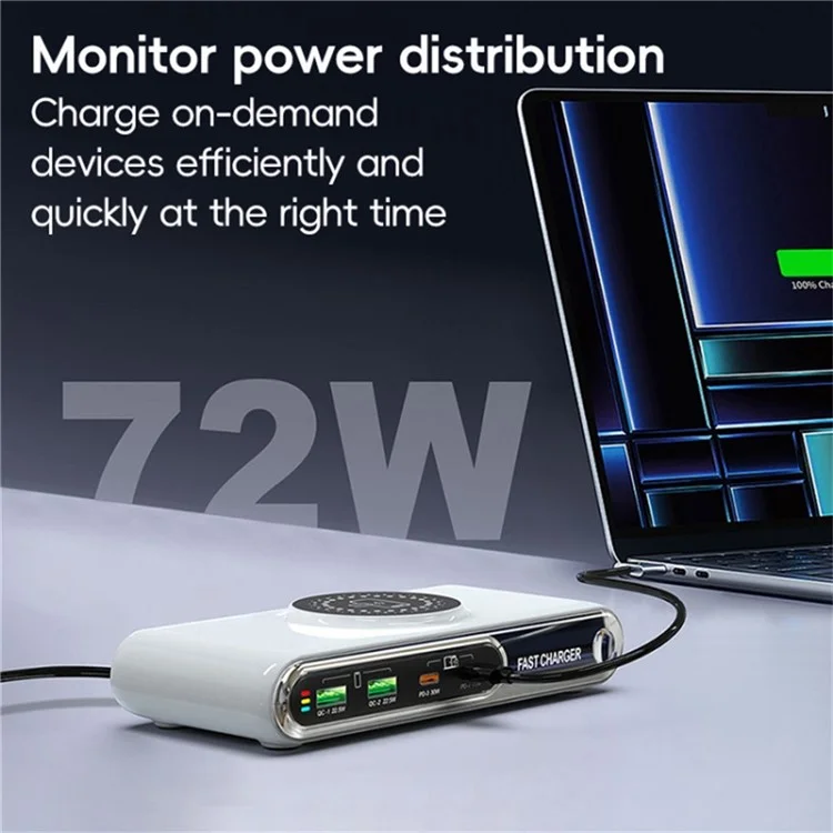 Chargeur sans fil multifonction intelligent 72W F9A 6 en 1 avec 2 ports USB + 2 ports Type C et lumière ambiante LED - Prise US