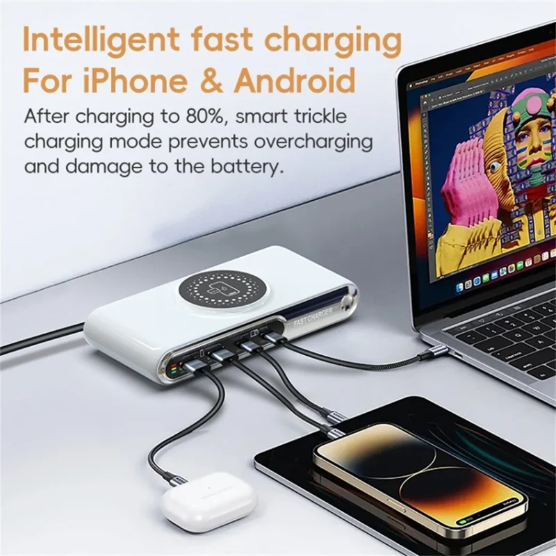 F9A 6 In 1 Multifunction 72W Smart Wireless Charger with 2 USB + 2 Type C Ports and LED Ambient Light - UK Plug