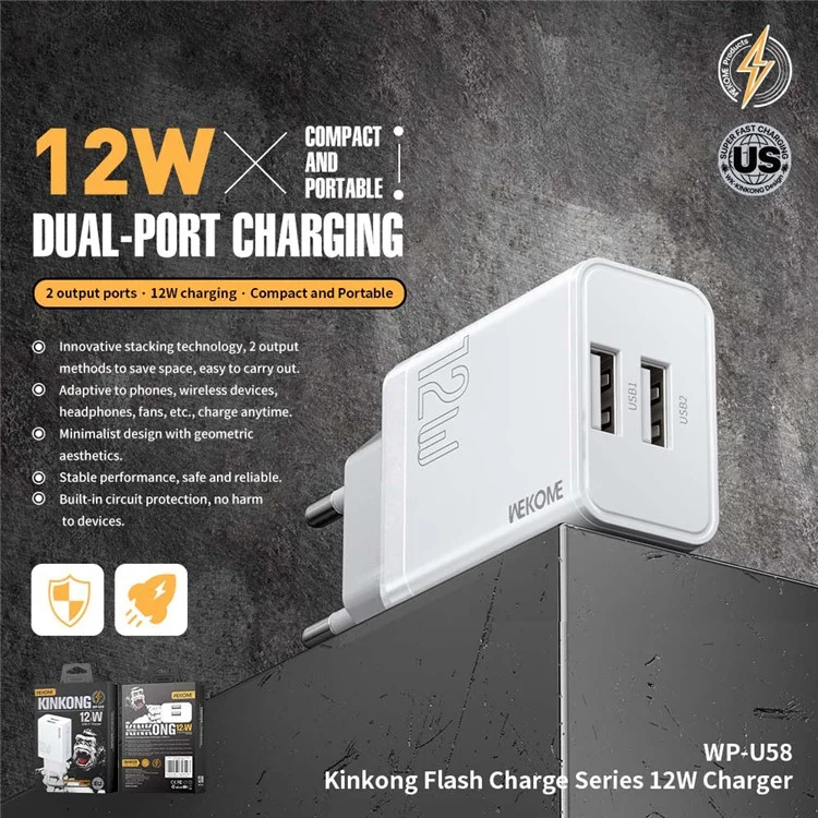 Chargeur USB WEKOME WP-U58 12W à double port de charge rapide - Prise EU
