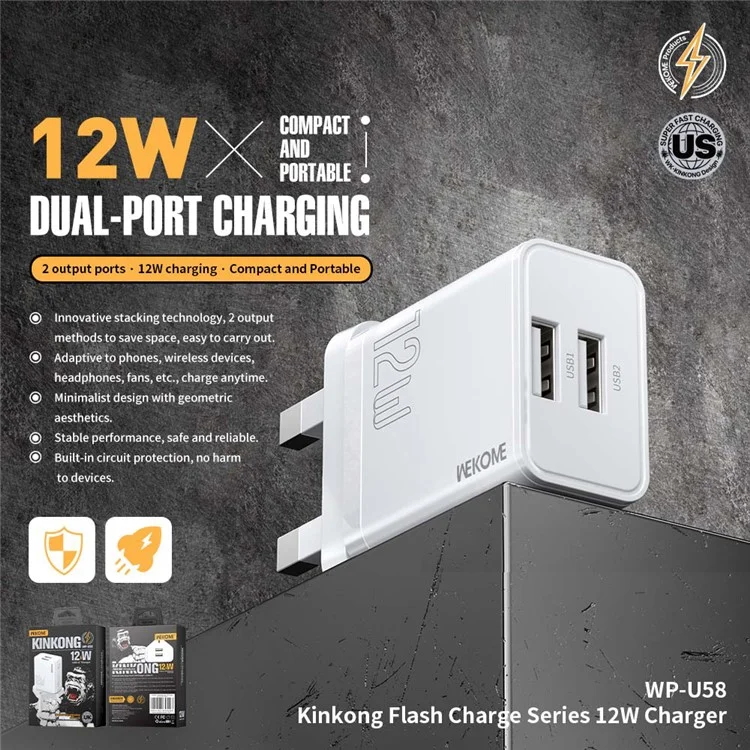 WEKOME WP-U58 12Вт USB-зарядное устройство с двумя портами, быстрая зарядка, адаптер - Вилка для Великобритании