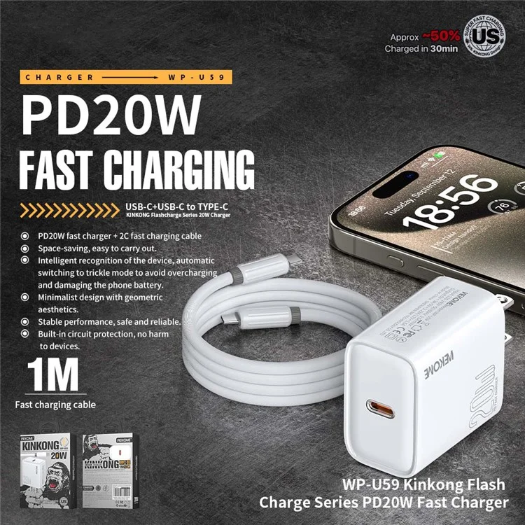 Chargeur rapide WEKOME WP-U59 PD20W avec adaptateur secteur de type C et câble - Prise US