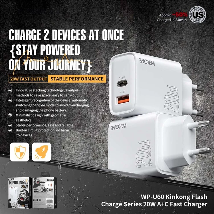 WEKOME WP-U60 20W Fast Charger USB-A / Type-C Dual Port Portable Wall Charger Adapter (EU Plug)