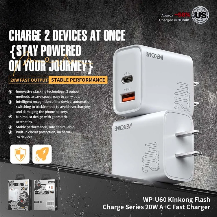 WEKOME WP-U60 20W Wandladegerät mit Dual-Port USB-A / Typ-C Schnellladung für Smartphones / Tablets (US-Stecker)