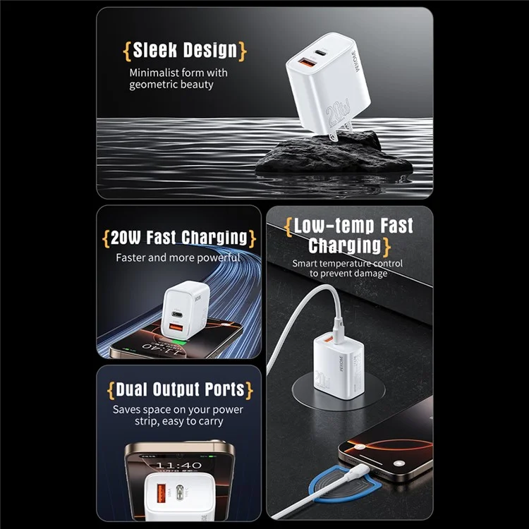 WEKOME WP-U60 20W Wandladegerät mit Dual-Port USB-A / Typ-C Schnellladung für Smartphones / Tablets (US-Stecker)
