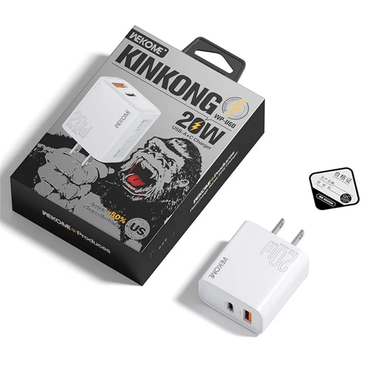 WEKOME WP-U60 20W Wandladegerät mit Dual-Port USB-A / Typ-C Schnellladung für Smartphones / Tablets (US-Stecker)