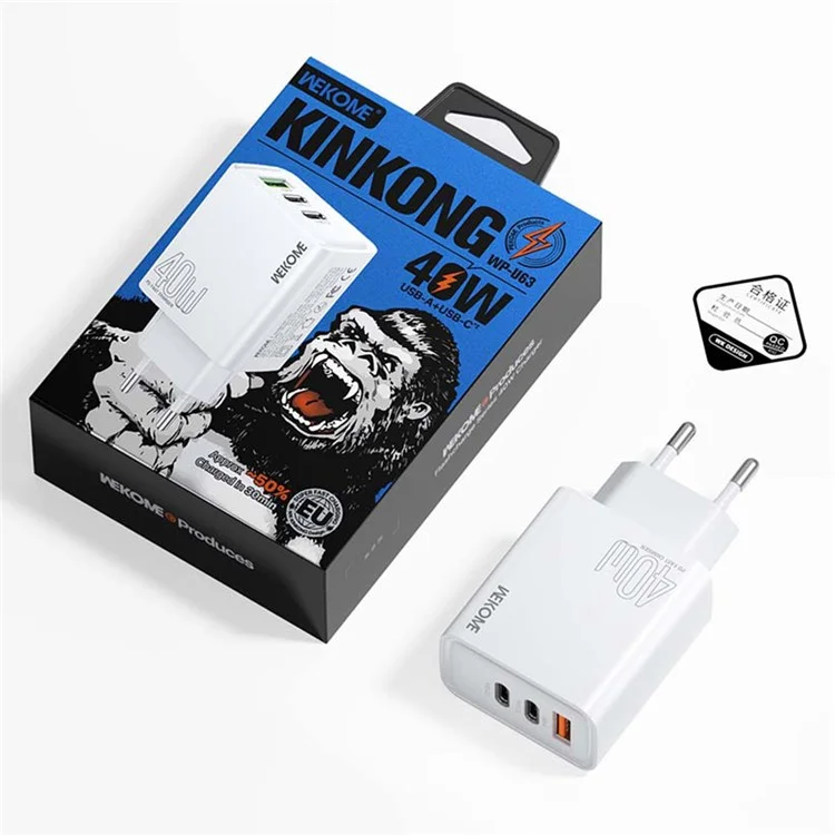 Carregador rápido WEKOME WP-U63 de 40 W com entrada USB-A / duas portas USB-C, adaptador de parede - Plugue da UE