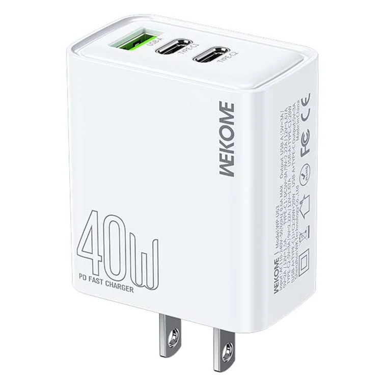 Caricatore rapido WEKOME WP-U63 da 40W con porta USB-A e due porte USB-C - Spina USA