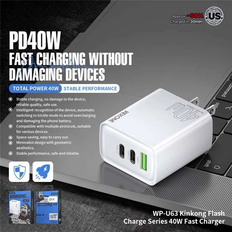 Caricatore rapido WEKOME WP-U63 da 40W con porta USB-A e due porte USB-C - Spina USA