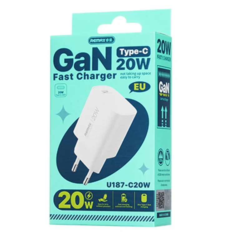 Adaptador de carga rápida GaN REMAX U187-C20W Tipo-C PD 20W Cargador portátil compacto - Enchufe UE