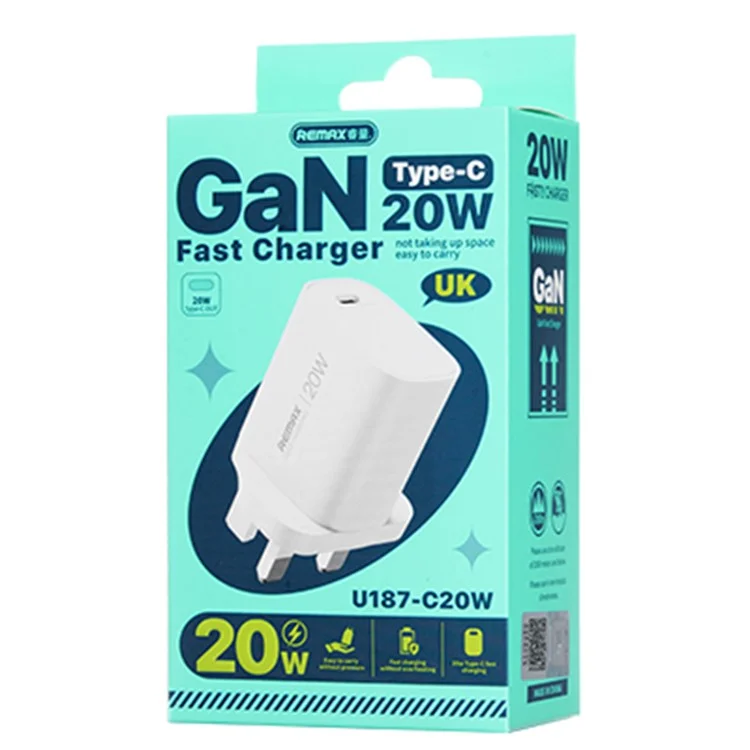 REMAX U187-C20W GaN Schnellladegerät Typ-C PD 20W kompakter tragbarer Ladegerät - UK-Stecker