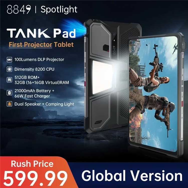 [HK Warehouse] UNIHERTZ Tank Pad 8849 Rugged Projector Tablet 10.95 Inch Dimensity 8200 16GB + 512GB 21000mAh Battery 32MP Camera - US Plug