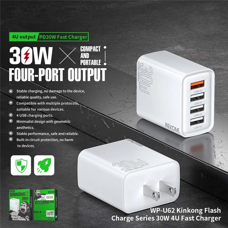 WEKOME WP-U62 30W 4-Port USB-A Fast Charger Wall Adapter Multi-Port Charging US Plug for Phone Tablet