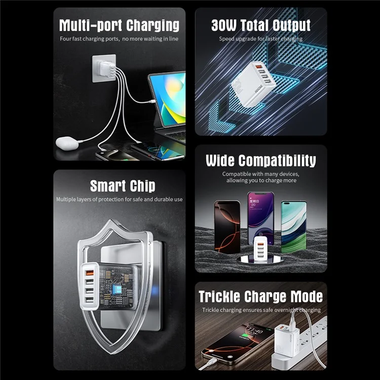 WEKOME WP-U62 30W 4-Port USB-A Fast Charger Wall Adapter Multi-Port Charging US Plug for Phone Tablet