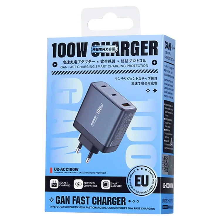 Adaptador de carregamento rápido GaN REMAX U2-ACC100W Type-C USB-A Portas 100W Carregador para Laptop / Tablet / Telefone - Plugue UE