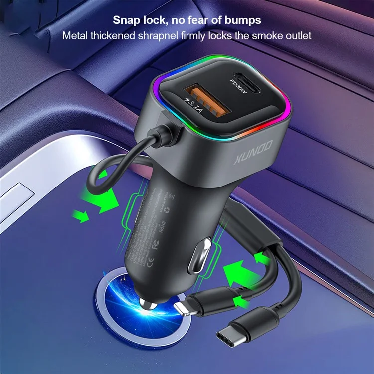 XUNDD XDCH-106 Car Charger 22.5W Dual Cable Auto Adapter Fast Charging Multi-Port Compatible
