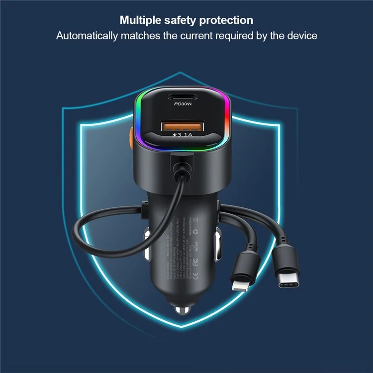 XUNDD XDCH-106 Car Charger 22.5W Dual Cable Auto Adapter Fast Charging Multi-Port Compatible