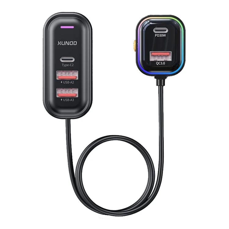 XUNDD XDCH-107 PD 30W Car Charger with Rear Seat Charging Ports Fast Charging  /  RGB Ambient Light