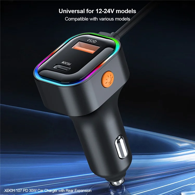 XUNDD XDCH-107 PD 30W Car Charger with Rear Seat Charging Ports Fast Charging  /  RGB Ambient Light