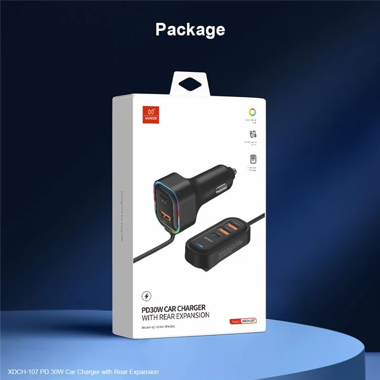 XUNDD XDCH-107 PD 30W Car Charger with Rear Seat Charging Ports Fast Charging  /  RGB Ambient Light