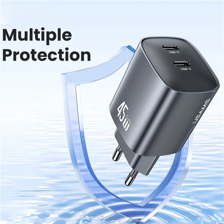 USAMS CC305 T66 45W Chargeur rapide GaN Adaptateur d'alimentation double USB-C pour téléphone/ordinateur portable - Prise EU
