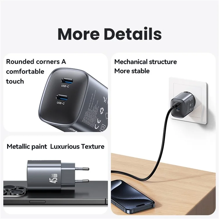 USAMS CC305 T66 45W Chargeur rapide GaN Adaptateur d'alimentation double USB-C pour téléphone/ordinateur portable - Prise EU