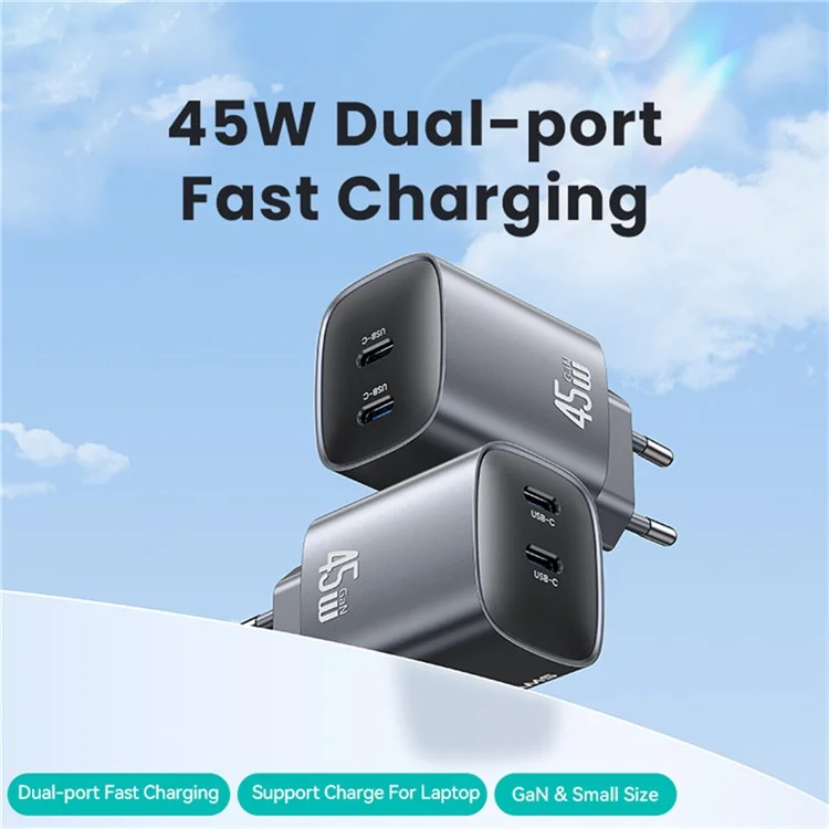 USAMS CC305 T66 45W Chargeur rapide GaN Adaptateur d'alimentation double USB-C pour téléphone/ordinateur portable - Prise EU