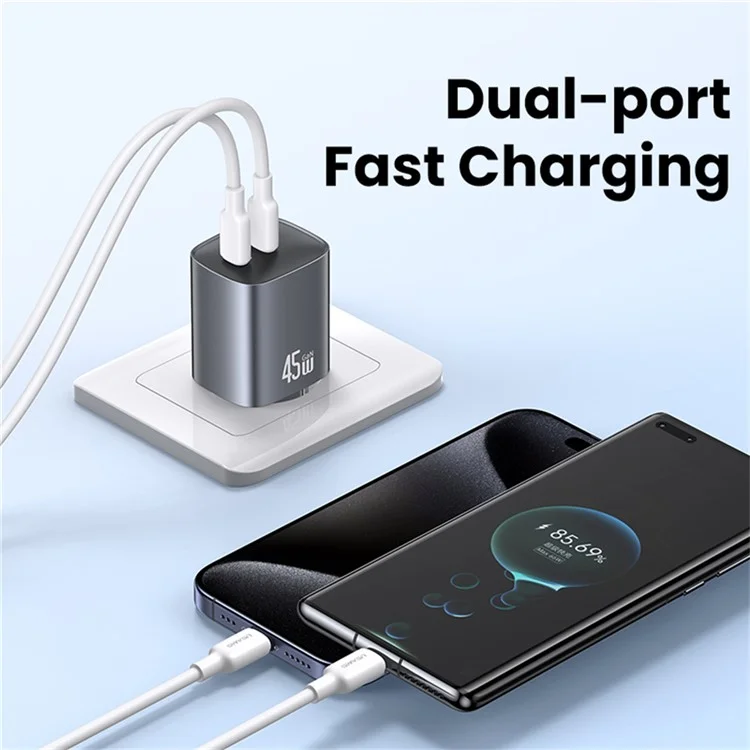 USAMS CC305 T66 45W Chargeur rapide GaN Adaptateur d'alimentation double USB-C pour téléphone/ordinateur portable - Prise EU
