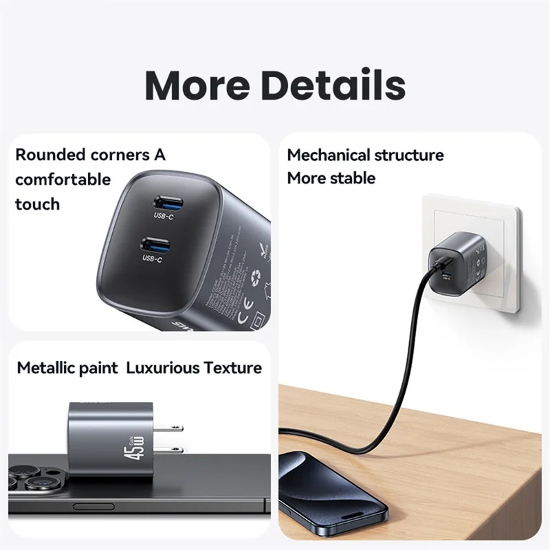 USAMS CC305 T66 45W GaN Fast Charger Dual USB-C Power Adapter for Phone / Laptop - US Plug