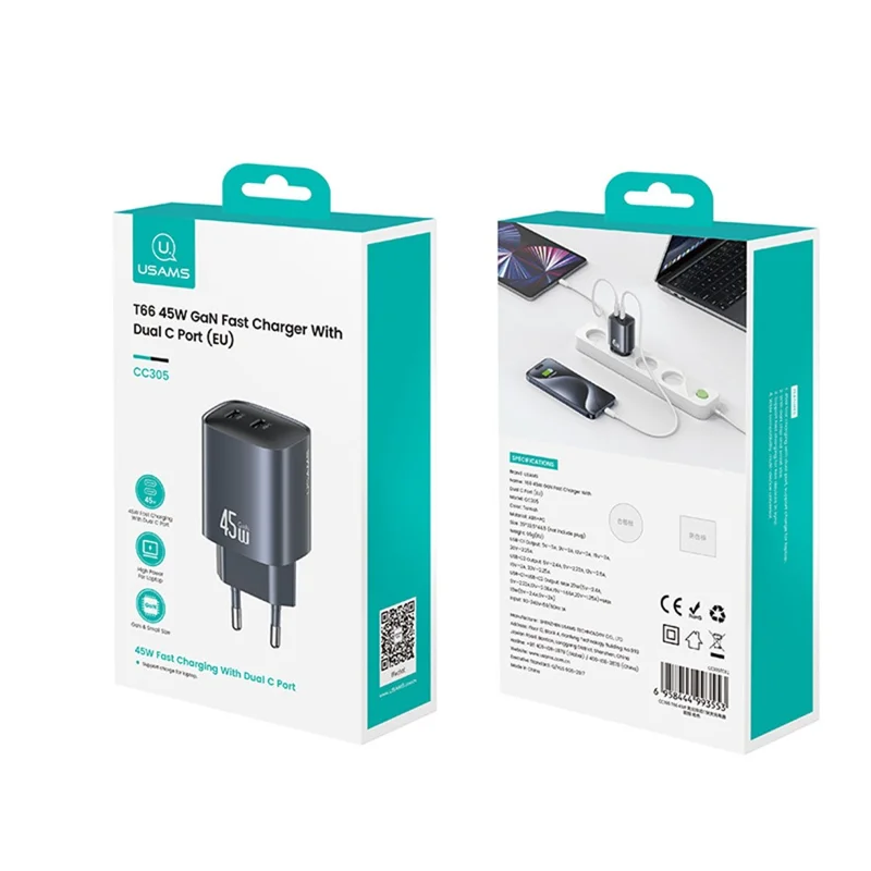 USAMS CC305 T66 45W GaN Fast Charger Dual USB-C Power Adapter for Phone / Laptop - US Plug