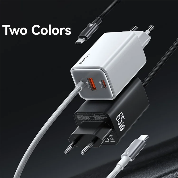 USAMS CC266 Carregador de Parede de 65W, Adaptador de Energia GaN com 3 Portas, Carregamento Rápido, Cabo Integrado, Plugue EU - Preto