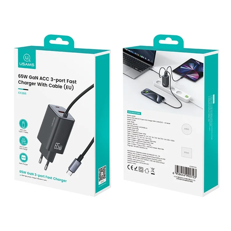 USAMS CC266 Carregador de Parede de 65W, Adaptador de Energia GaN com 3 Portas, Carregamento Rápido, Cabo Integrado, Plugue EU - Preto