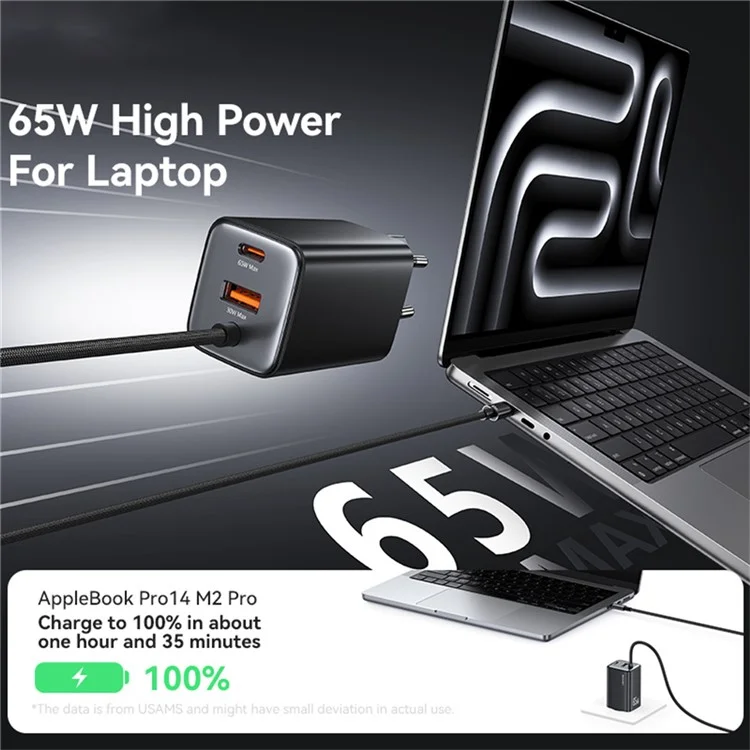 USAMS CC266 Carregador de Parede de 65W, Adaptador de Energia GaN com 3 Portas, Carregamento Rápido, Cabo Integrado, Plugue EU - Preto