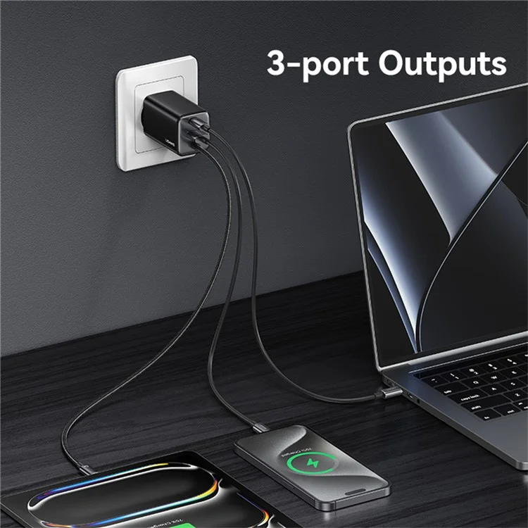 USAMS CC266 Carregador de Parede de 65W, Adaptador de Energia GaN com 3 Portas, Carregamento Rápido, Cabo Integrado, Plugue EU - Preto