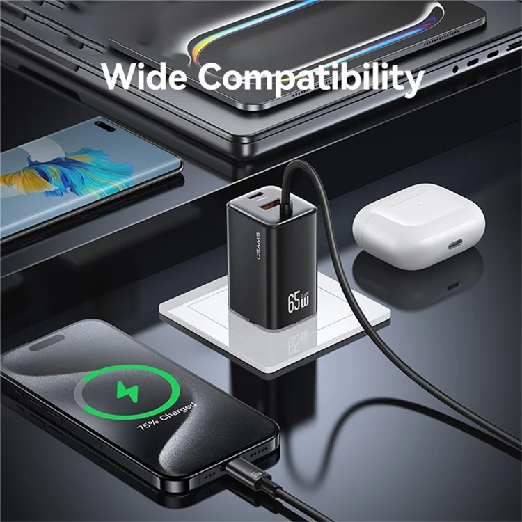 USAMS CC266 Carregador de Parede de 65W, Adaptador de Energia GaN com 3 Portas, Carregamento Rápido, Cabo Integrado, Plugue EU - Preto