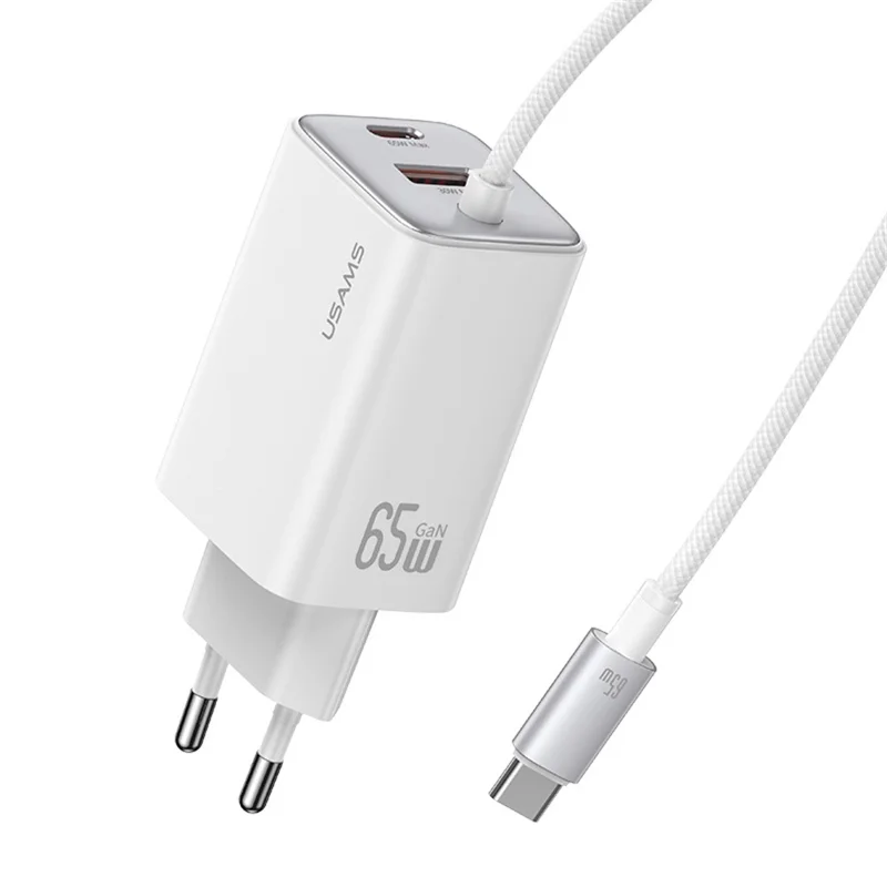 USAMS CC266 65W Wall Charger Fast Charging 3 Ports GaN Power Adapter with Built-in Cable, EU Plug - White