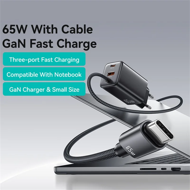 USAMS CC266 65W Wall Charger Fast Charging 3 Ports GaN Power Adapter with Built-in Cable, EU Plug - White