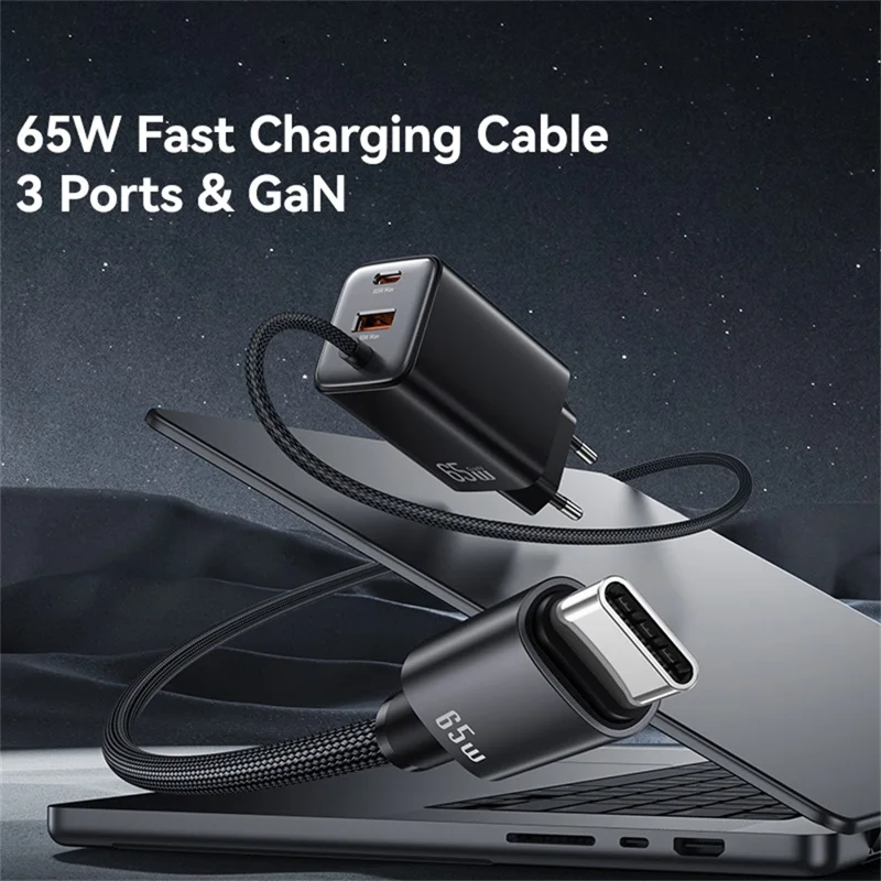 USAMS CC266 65W Wall Charger Fast Charging 3 Ports GaN Power Adapter with Built-in Cable, EU Plug - White
