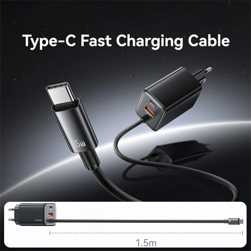 USAMS CC266 65W Wall Charger Fast Charging 3 Ports GaN Power Adapter with Built-in Cable, EU Plug - White