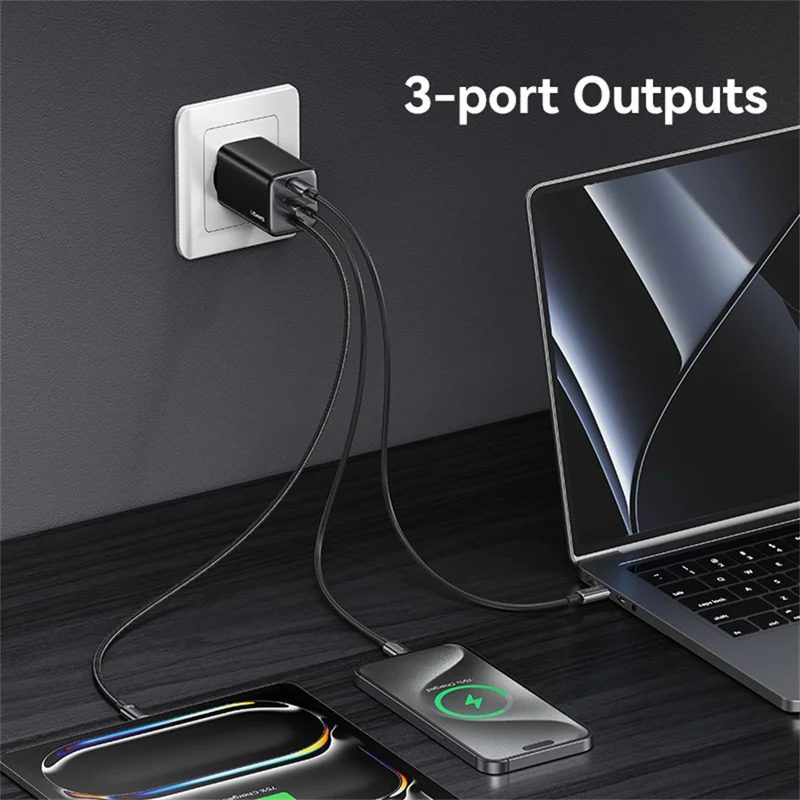 USAMS CC266 65W Wall Charger Fast Charging 3 Ports GaN Power Adapter with Built-in Cable, EU Plug - White