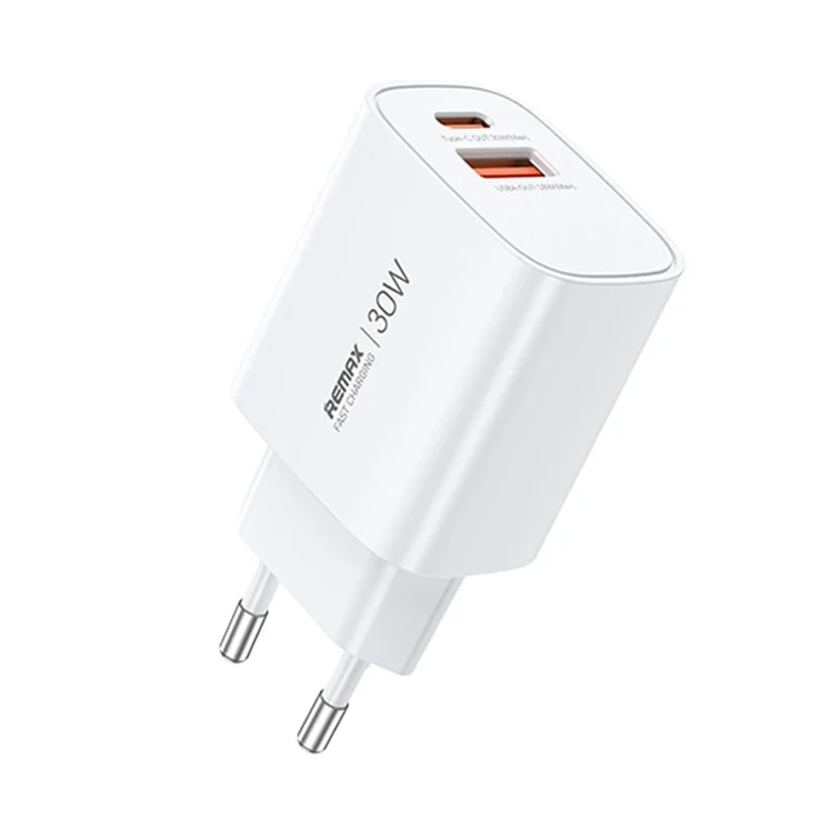 REMAX U187-AC30W GaN Schnelllade-Adapter USB-A / Type-C Dual-Port 30W PD3.0 / QC3.0 kompatibel für verschiedene Geräte - EU-Stecker