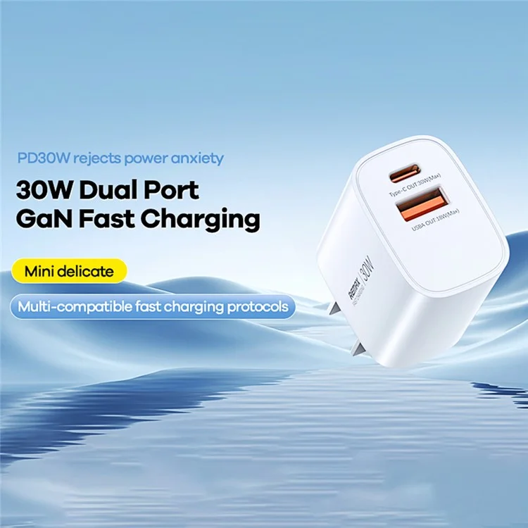 REMAX U187-AC30W GaN Schnelllade-Adapter USB-A / Type-C Dual-Port 30W PD3.0 / QC3.0 kompatibel für verschiedene Geräte - EU-Stecker